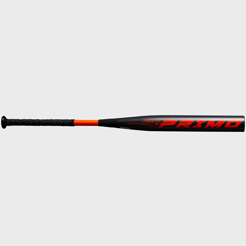 A black Miken Freak Primo USA bat with an orange Primo logo on the barrel - SKU: MP21MA
